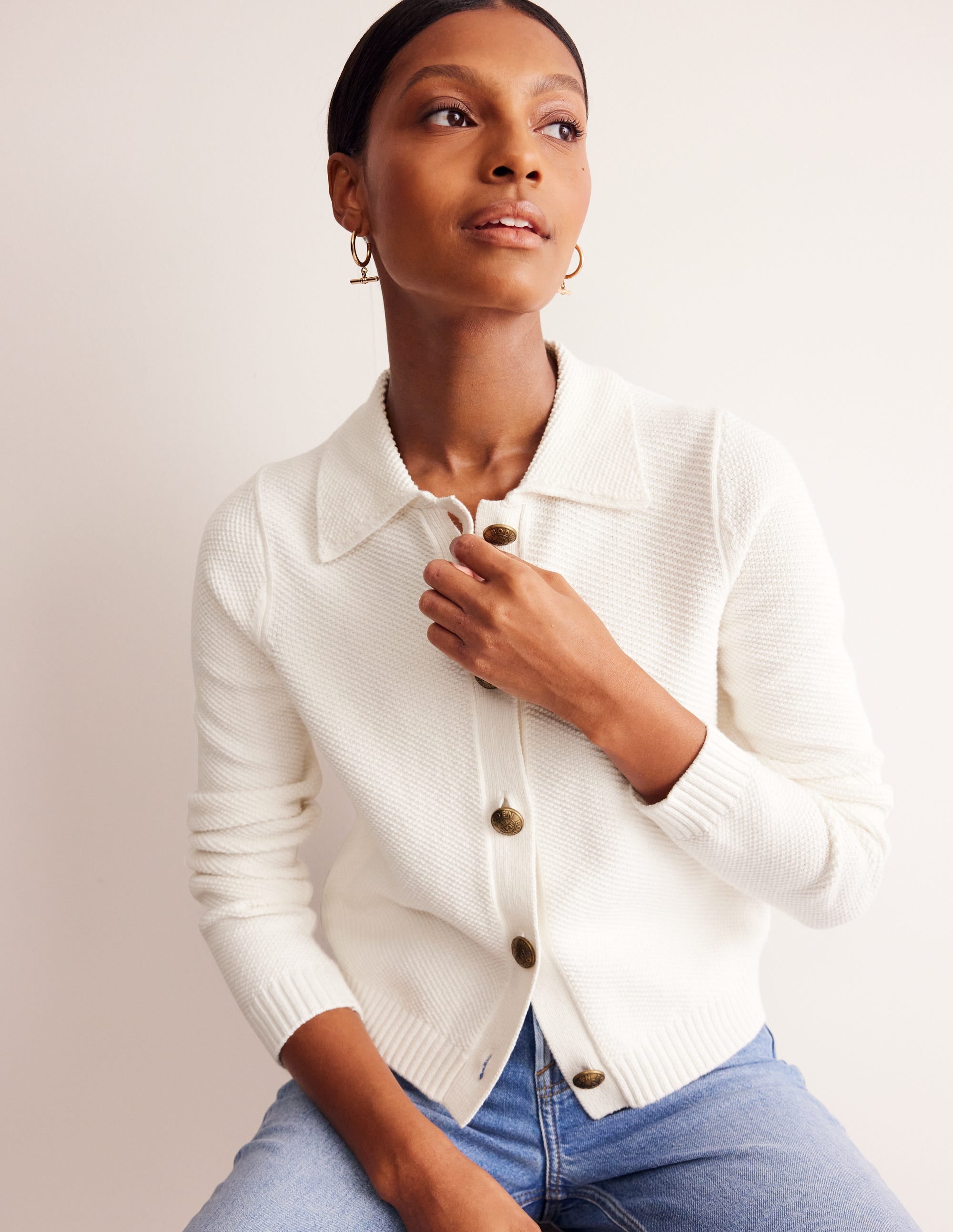 Collared Knitted Cardigan-Warm Ivory - Image 1