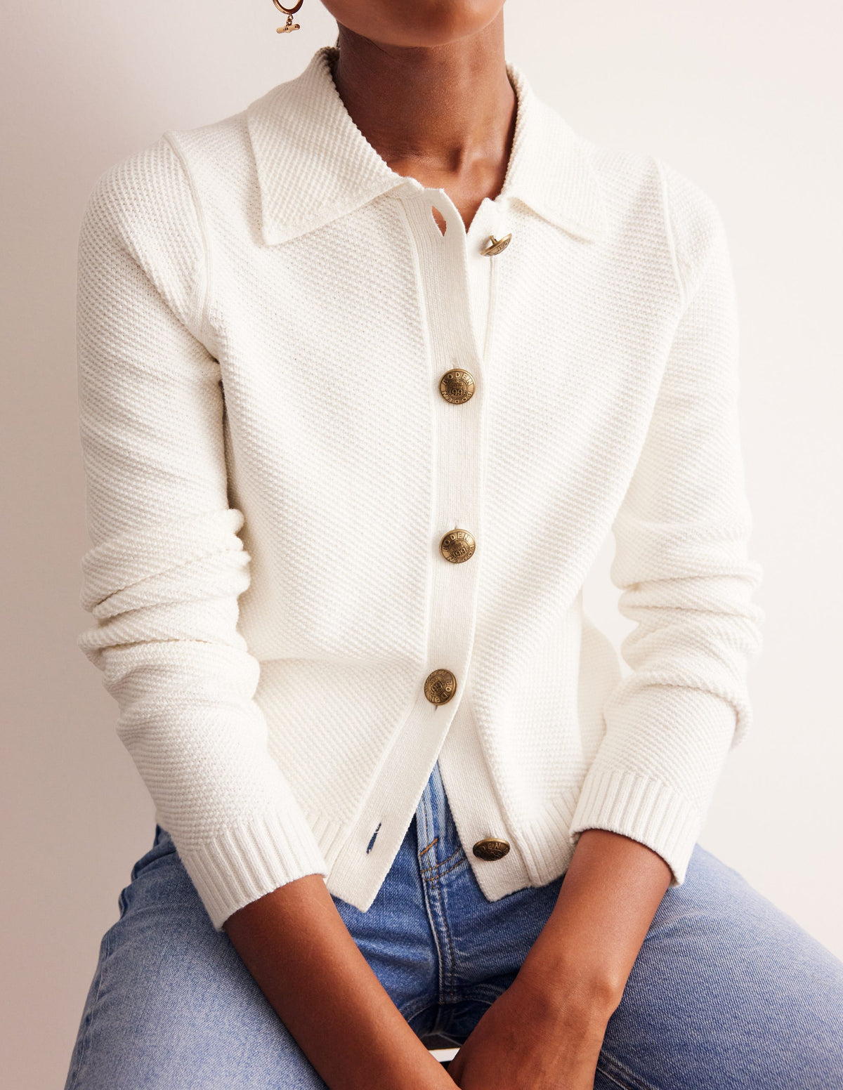 Collared Knitted Cardigan-Warm Ivory - Image 2