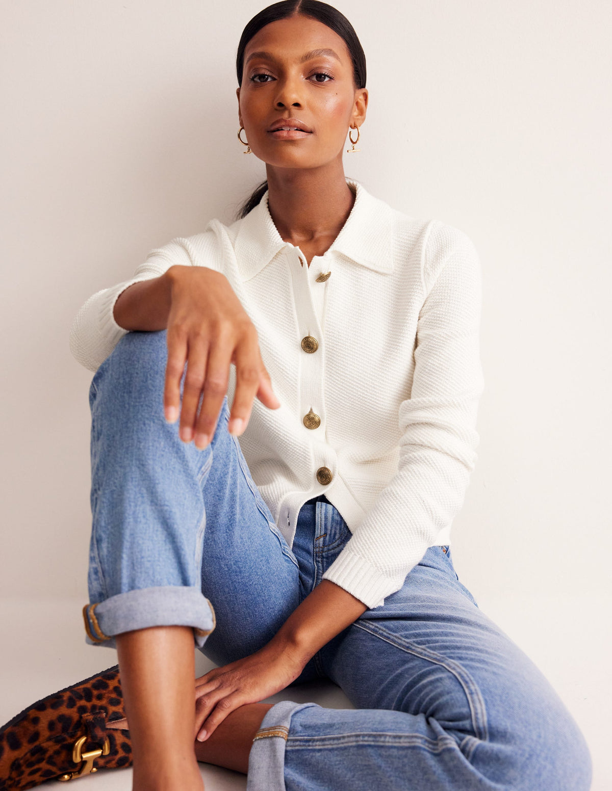 Collared Knitted Cardigan-Warm Ivory-4