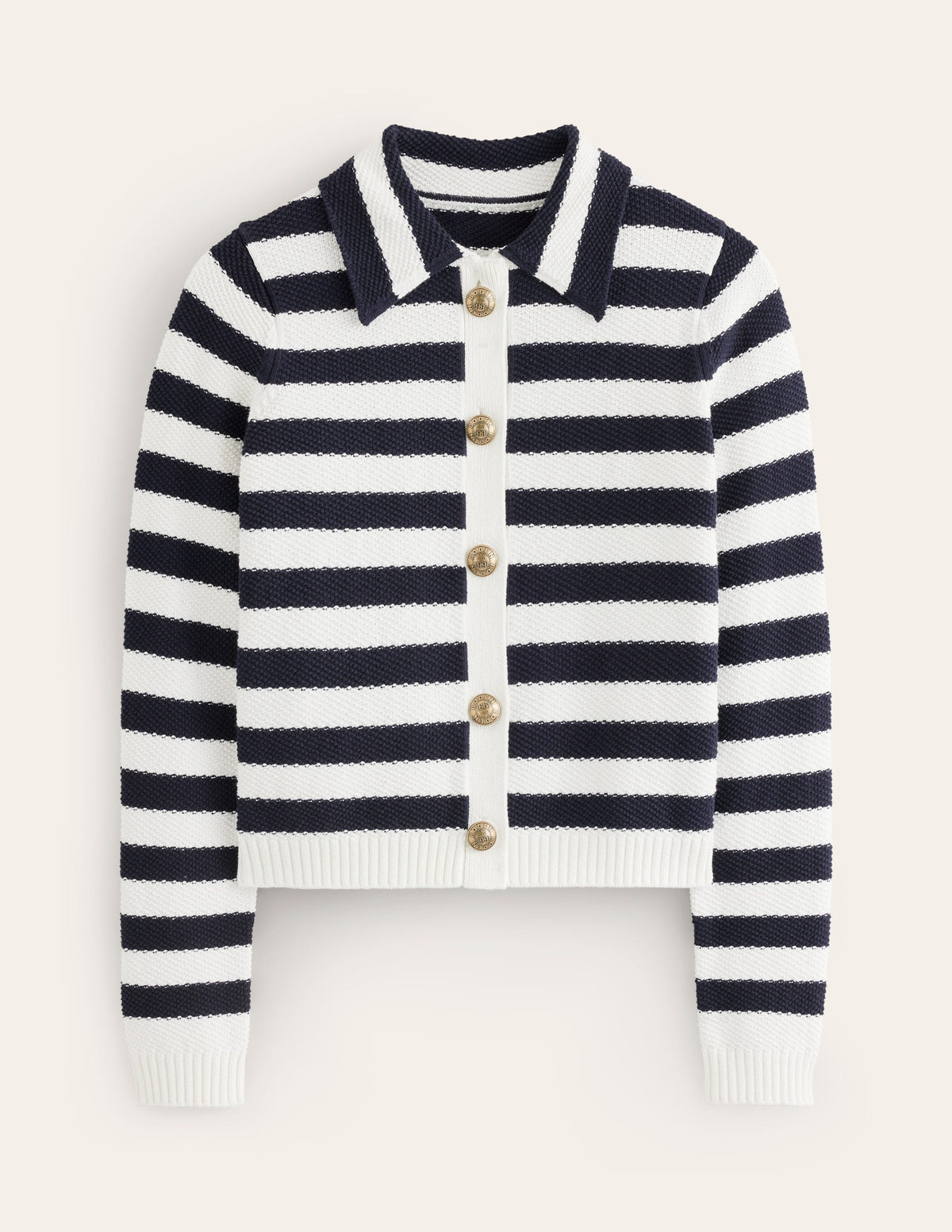 Collared Knitted Cardigan-Navy/ Ivory-5