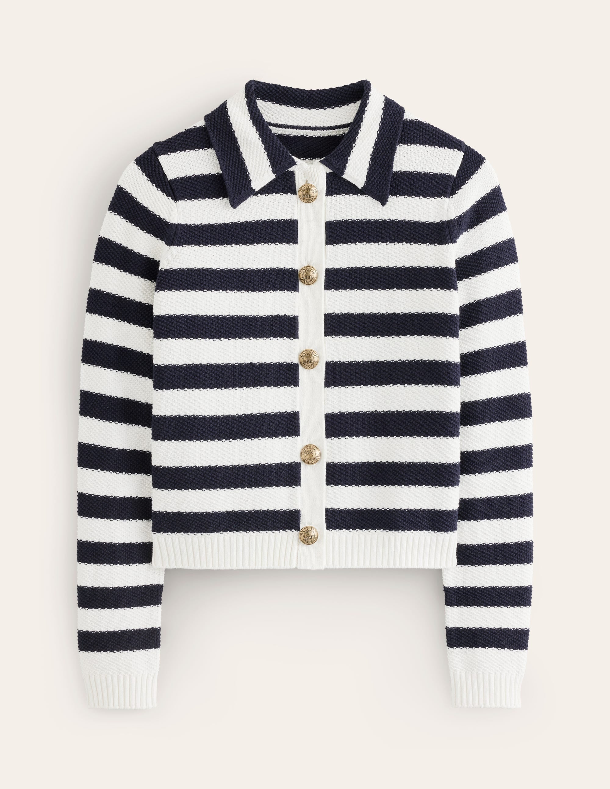 Collared Knitted Cardigan-Navy/ Ivory - Image 5