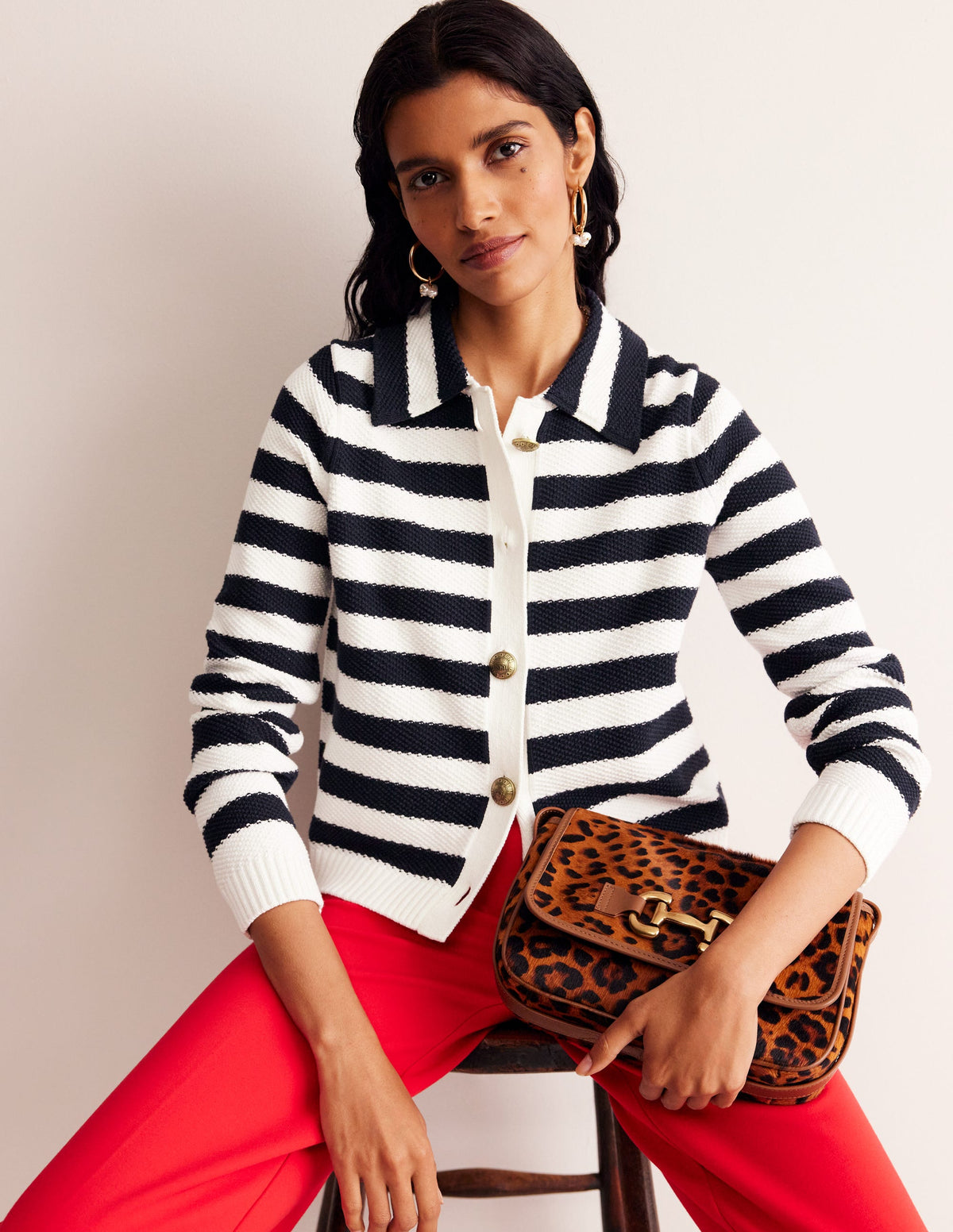 Collared Knitted Cardigan-Navy/ Ivory-1