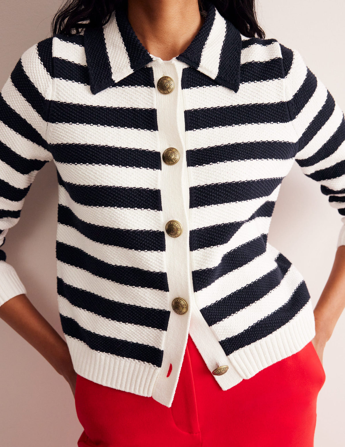 Collared Knitted Cardigan-Navy/ Ivory-2