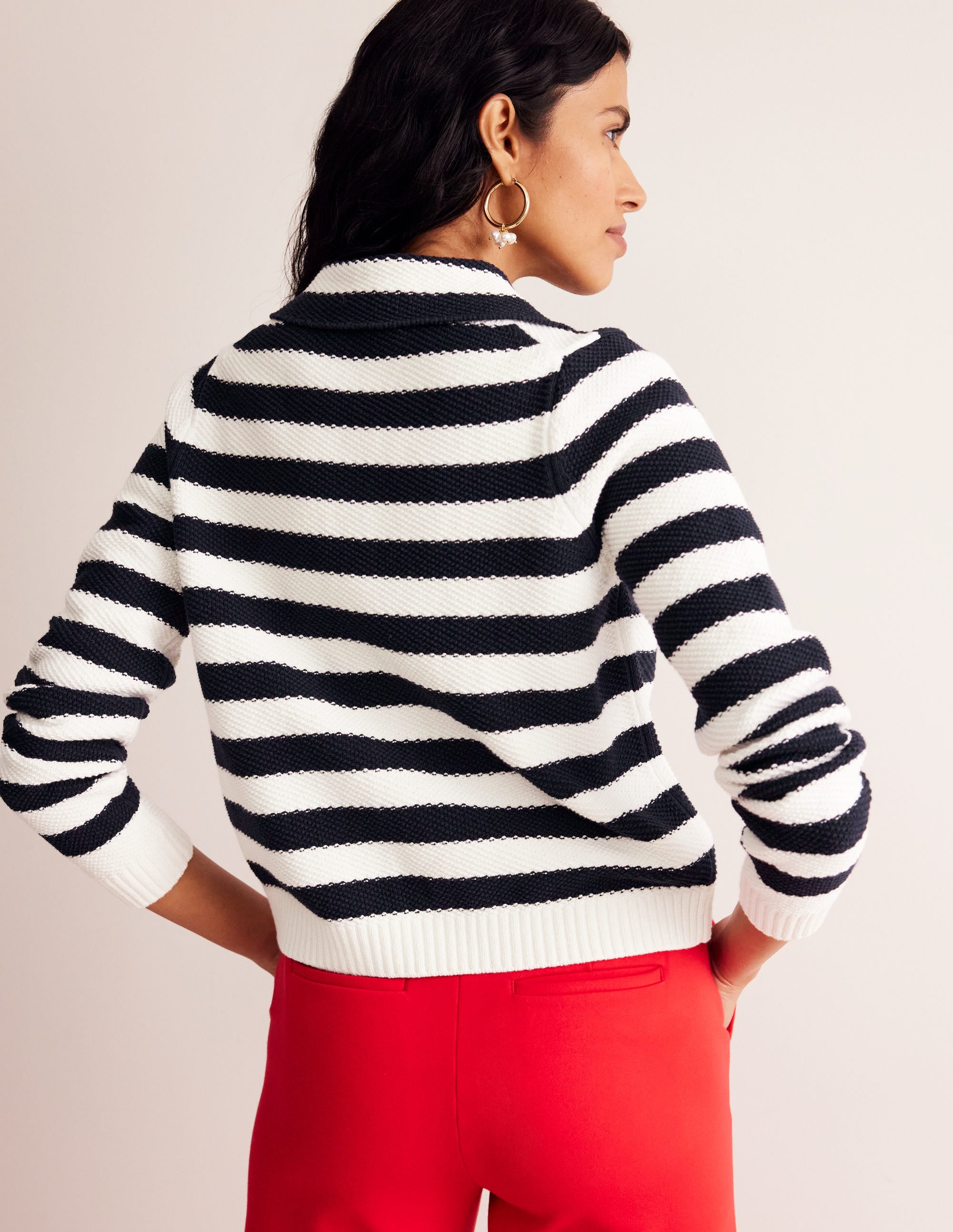 Collared Knitted Cardigan-Navy/ Ivory - Image 3