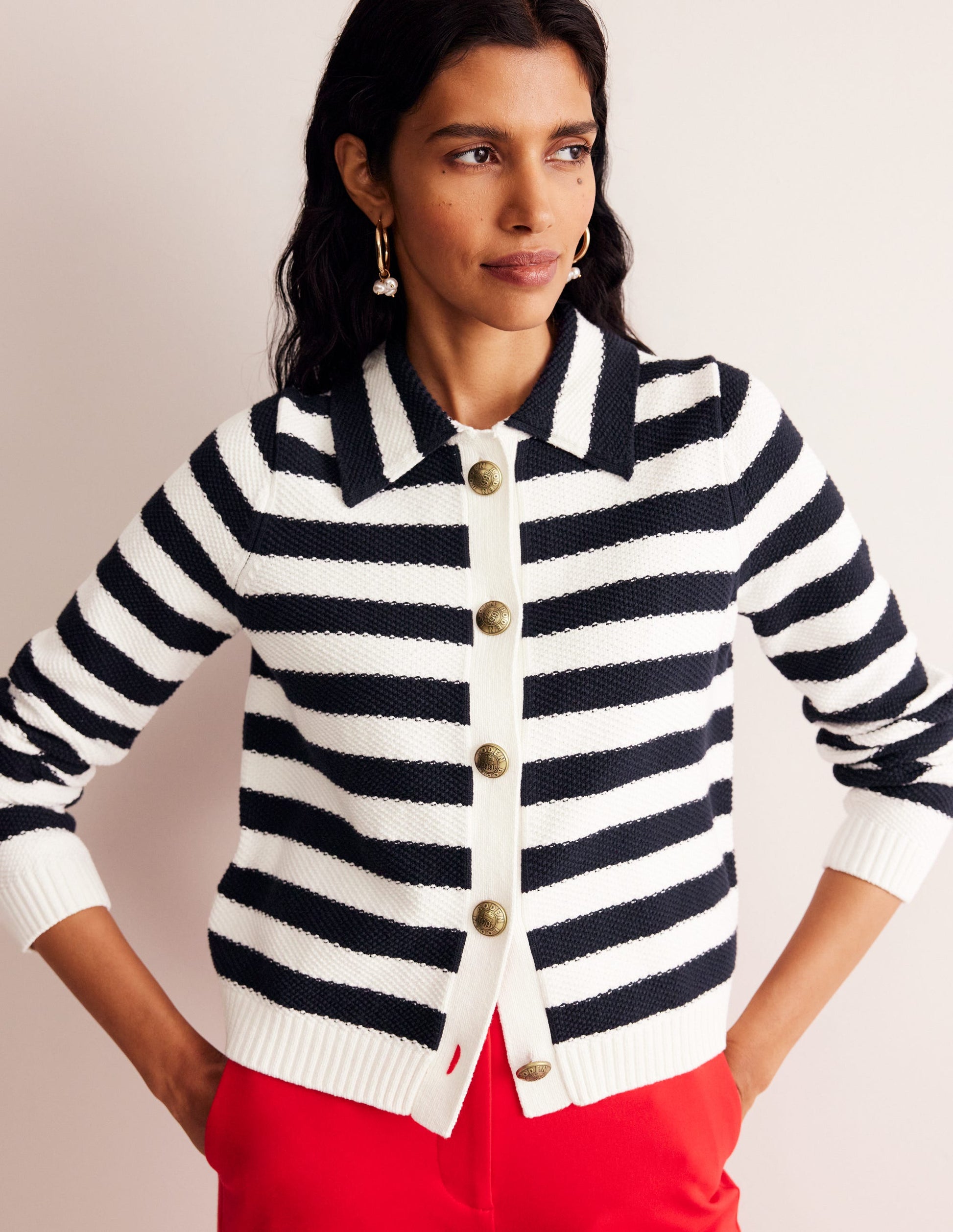 Collared Knitted Cardigan-Navy/ Ivory-4