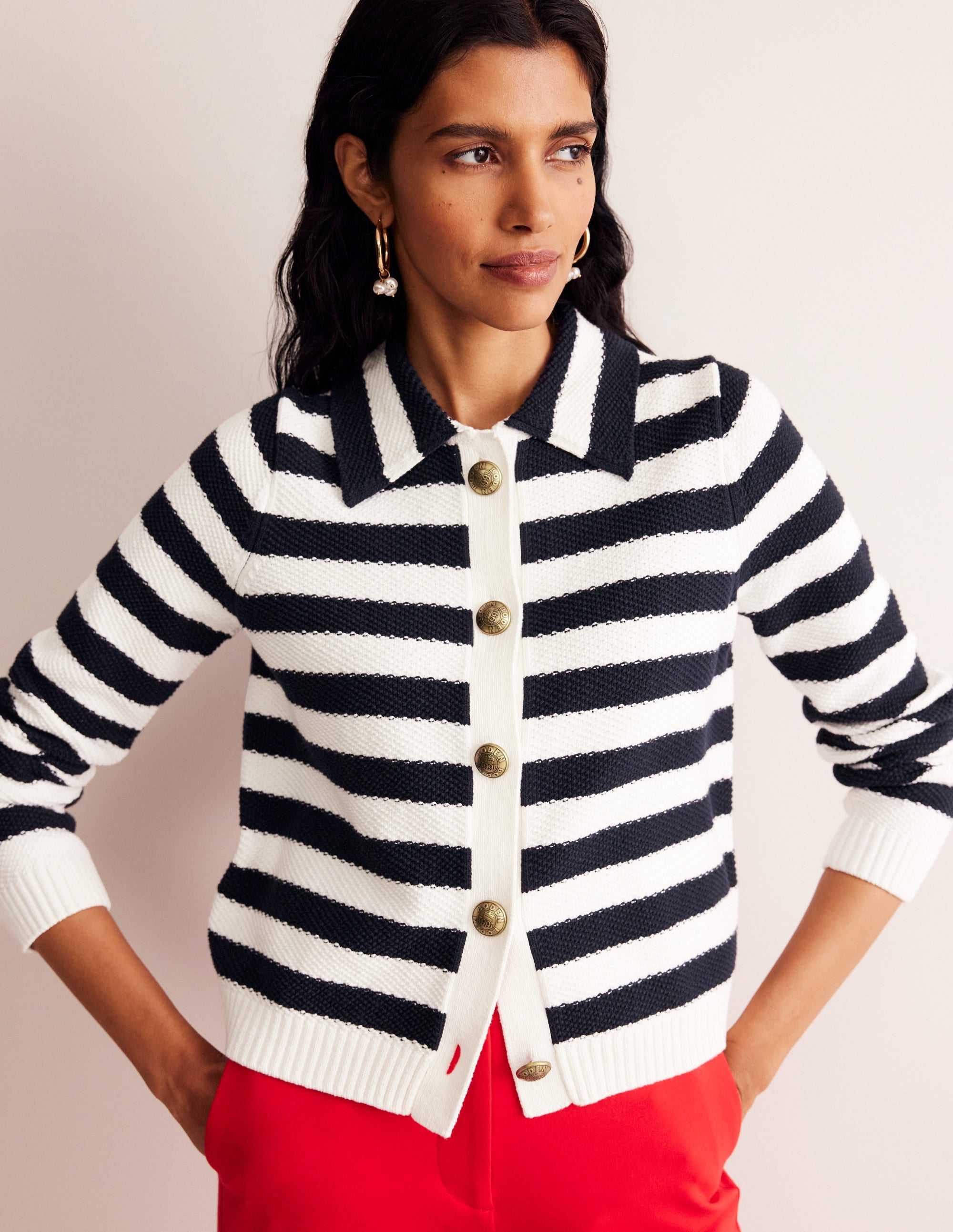 Collared Knitted Cardigan-Navy/ Ivory - Image 4
