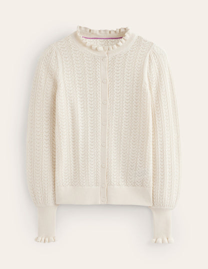 Tia Pointelle Frilled Cardigan-Warm Ivory