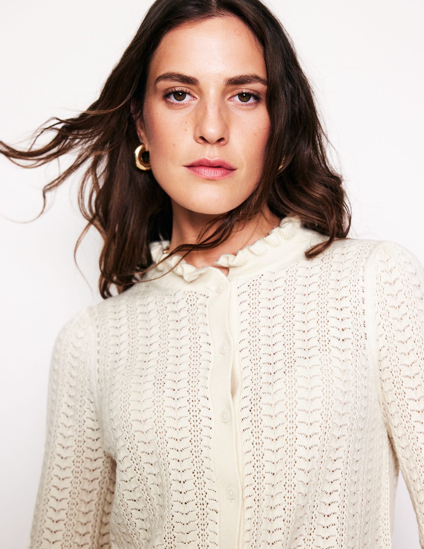 Tia Pointelle Frilled Cardigan-Warm Ivory