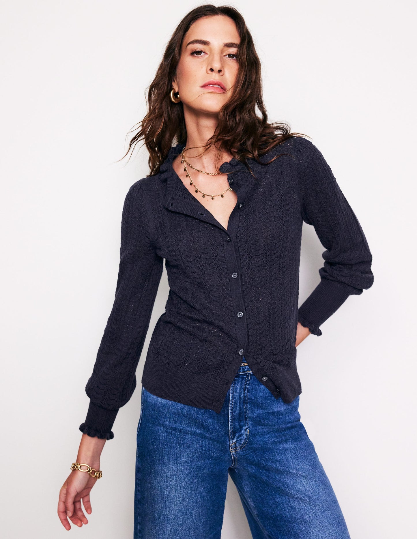 Tia Pointelle Frilled Cardigan-Navy