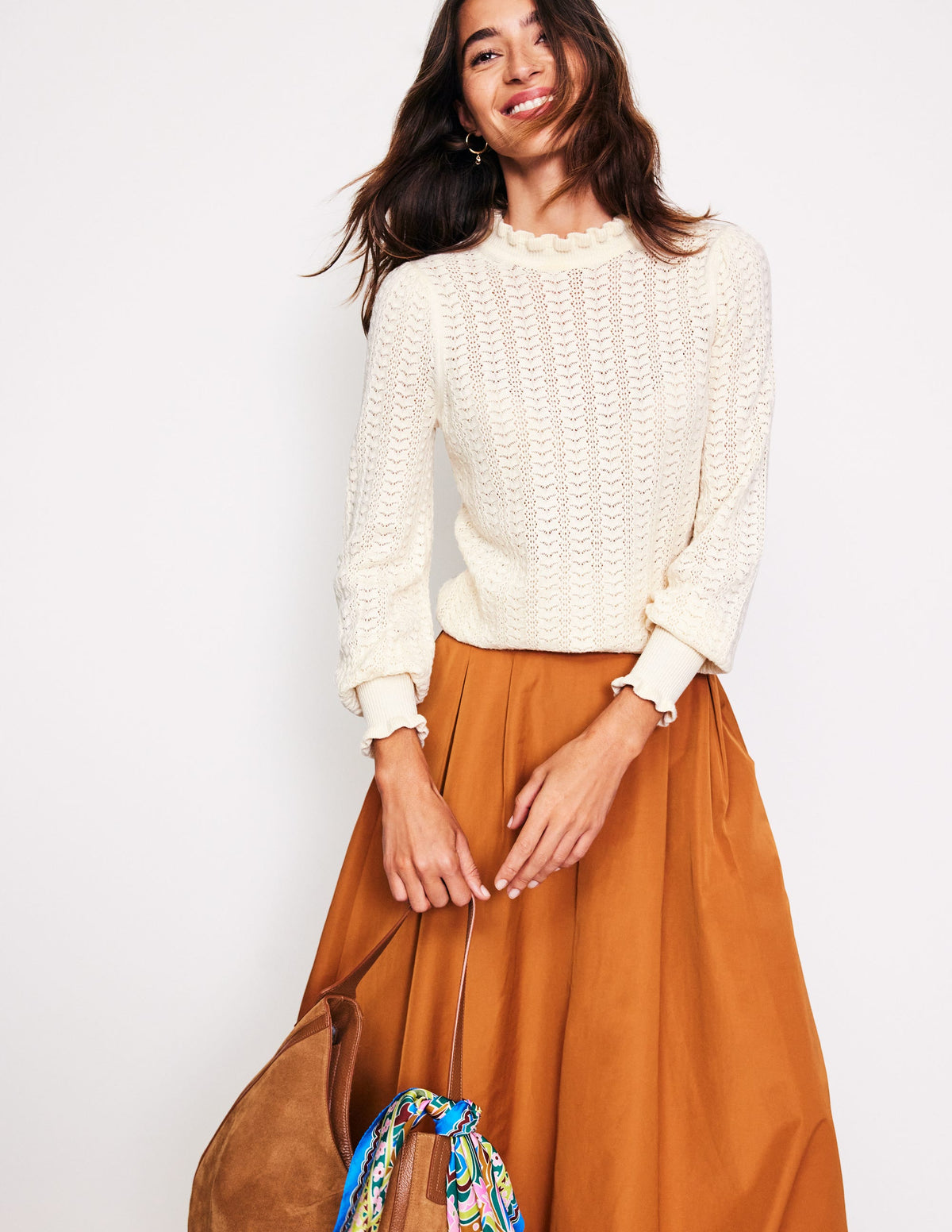 Tia Pointelle Frilled Sweater-Warm Ivory - Image 1