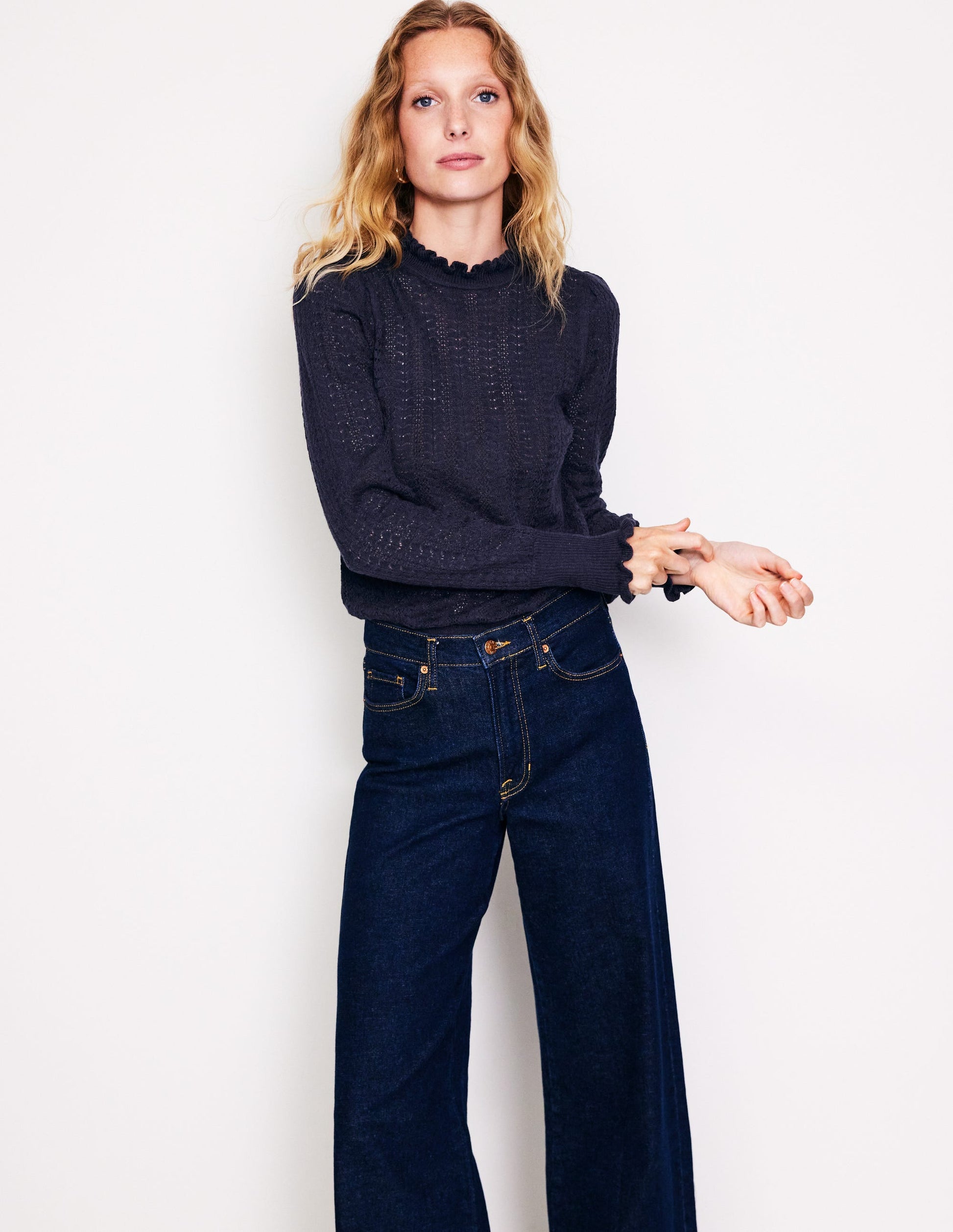 Tia Pointelle Frilled Sweater-Navy-1