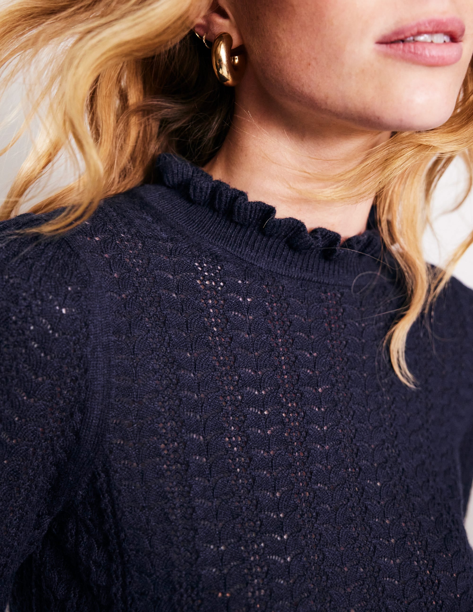 Tia Pointelle Frilled Sweater-Navy - Image 2