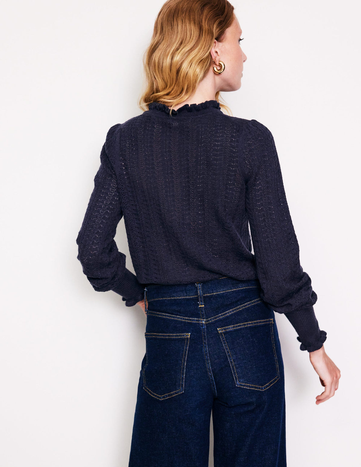 Tia Pointelle Frilled Sweater-Navy - Image 3