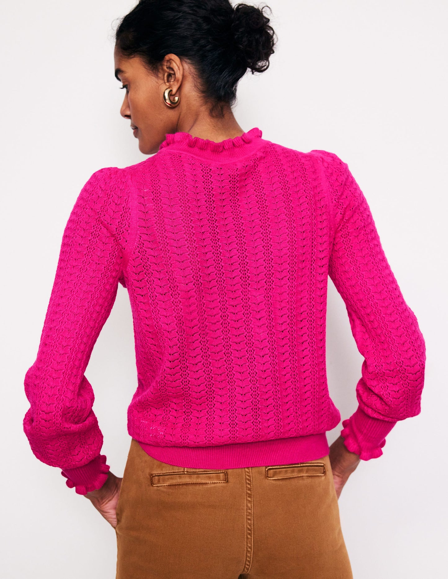 Tia Pointelle Frilled Sweater-Pink Peacock