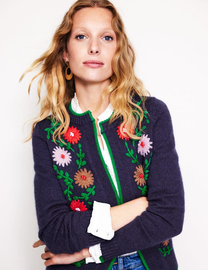 Flower Embroidered Cardigan-Navy