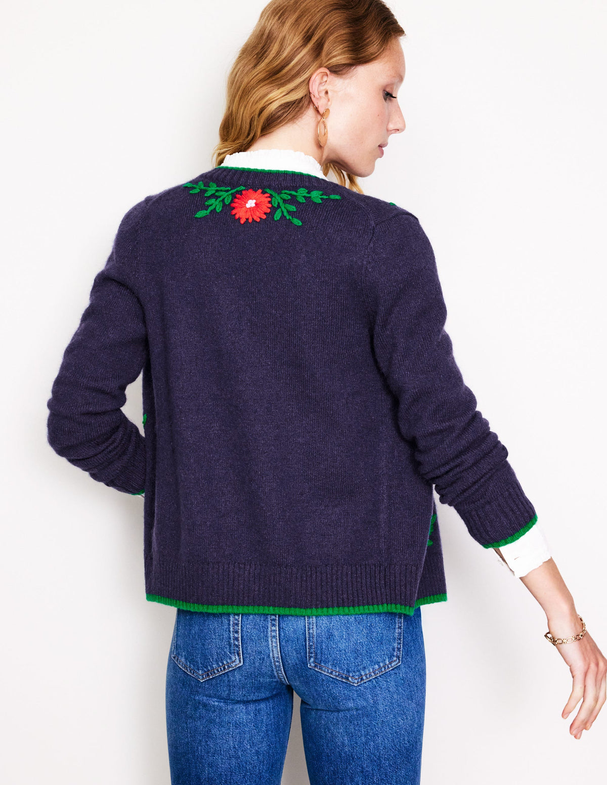 Flower Embroidered Cardigan-Navy - Image 3