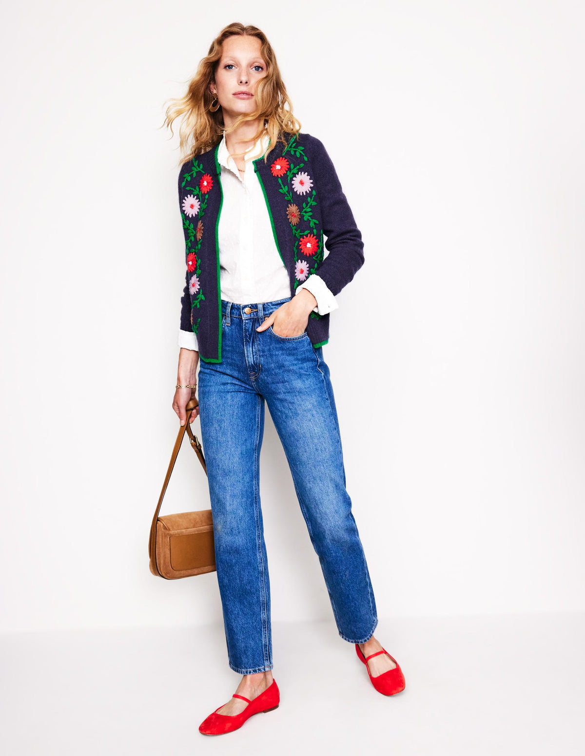 Flower Embroidered Cardigan-Navy - Image 4