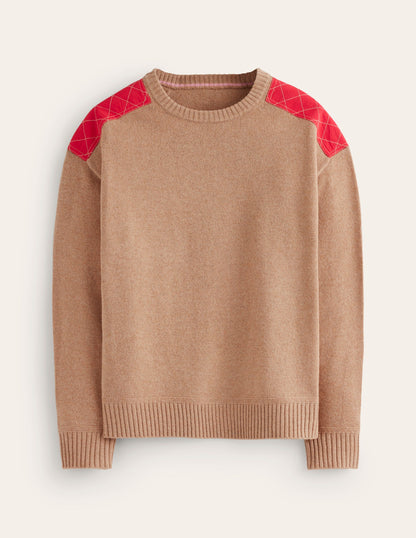 Quilted Patch Jumper-Camel Melange