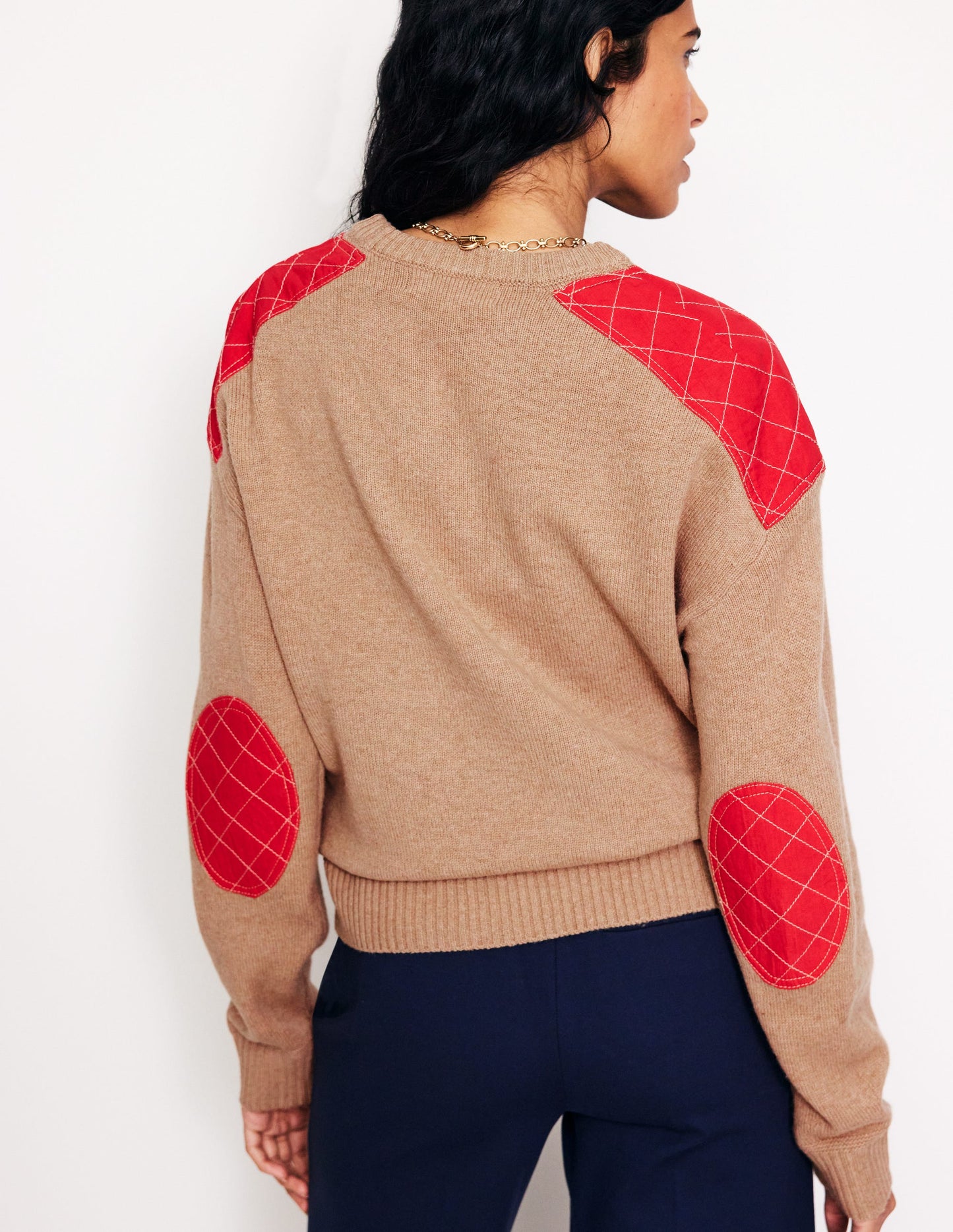 Quilted Patch Jumper-Camel Melange