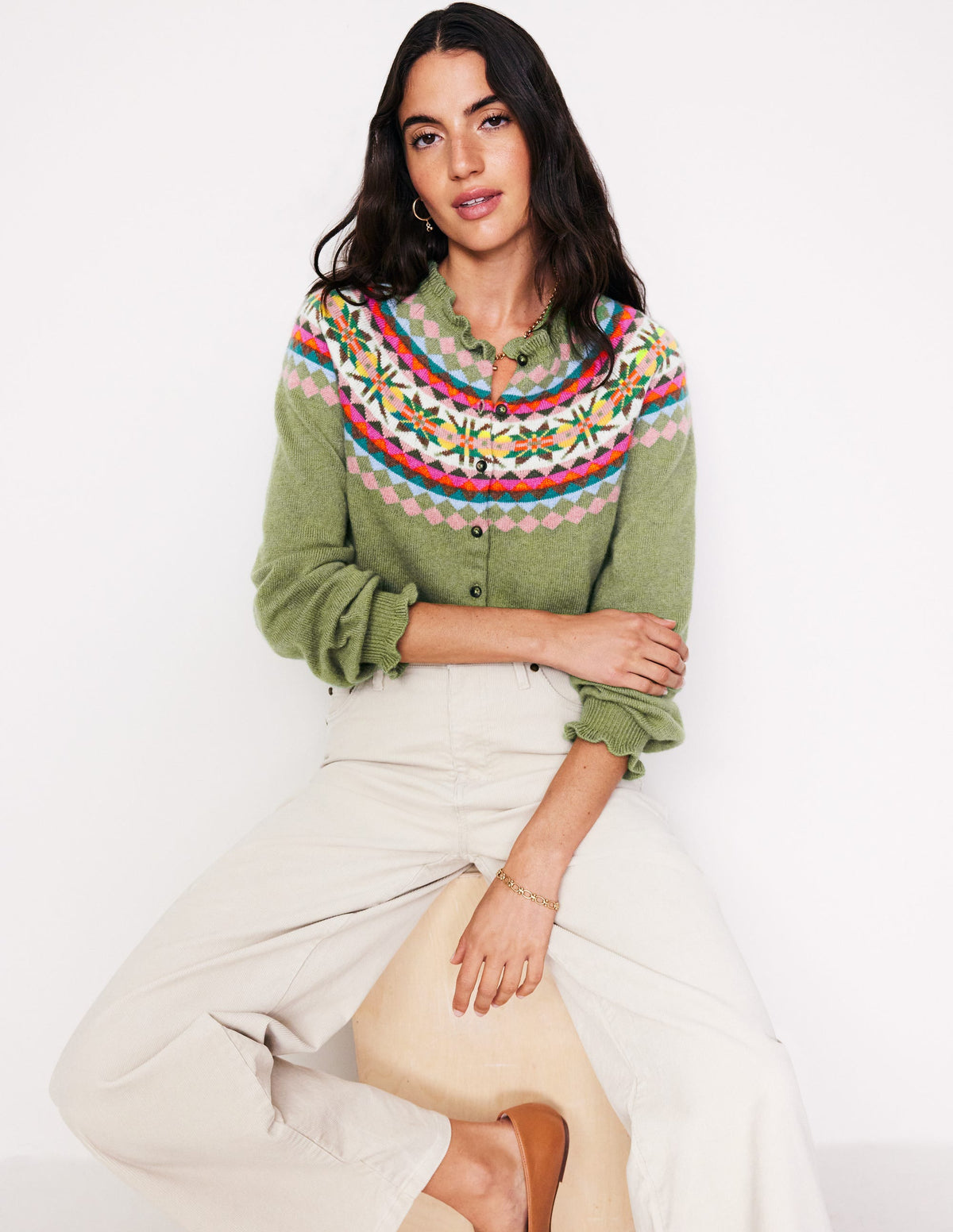 Fae Fair Isle Frilled Cardigan-Green - Image 1