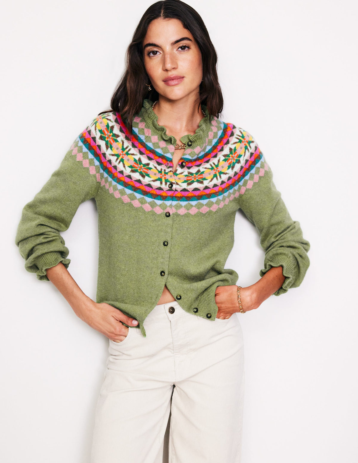 Fae Fair Isle Frilled Cardigan-Green - Image 4