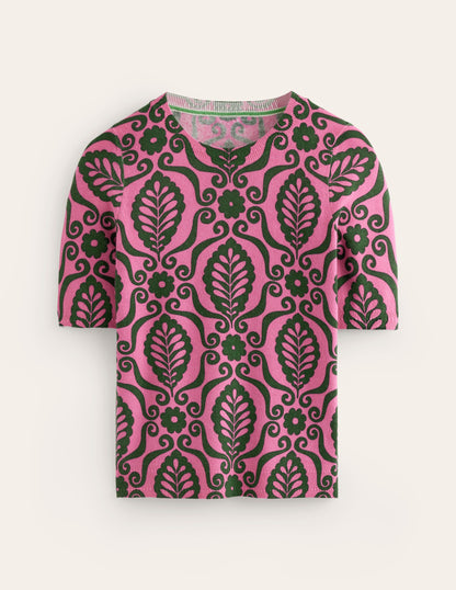 Eva Cashmere T-Shirt-Party Pink, Foliage Stamp