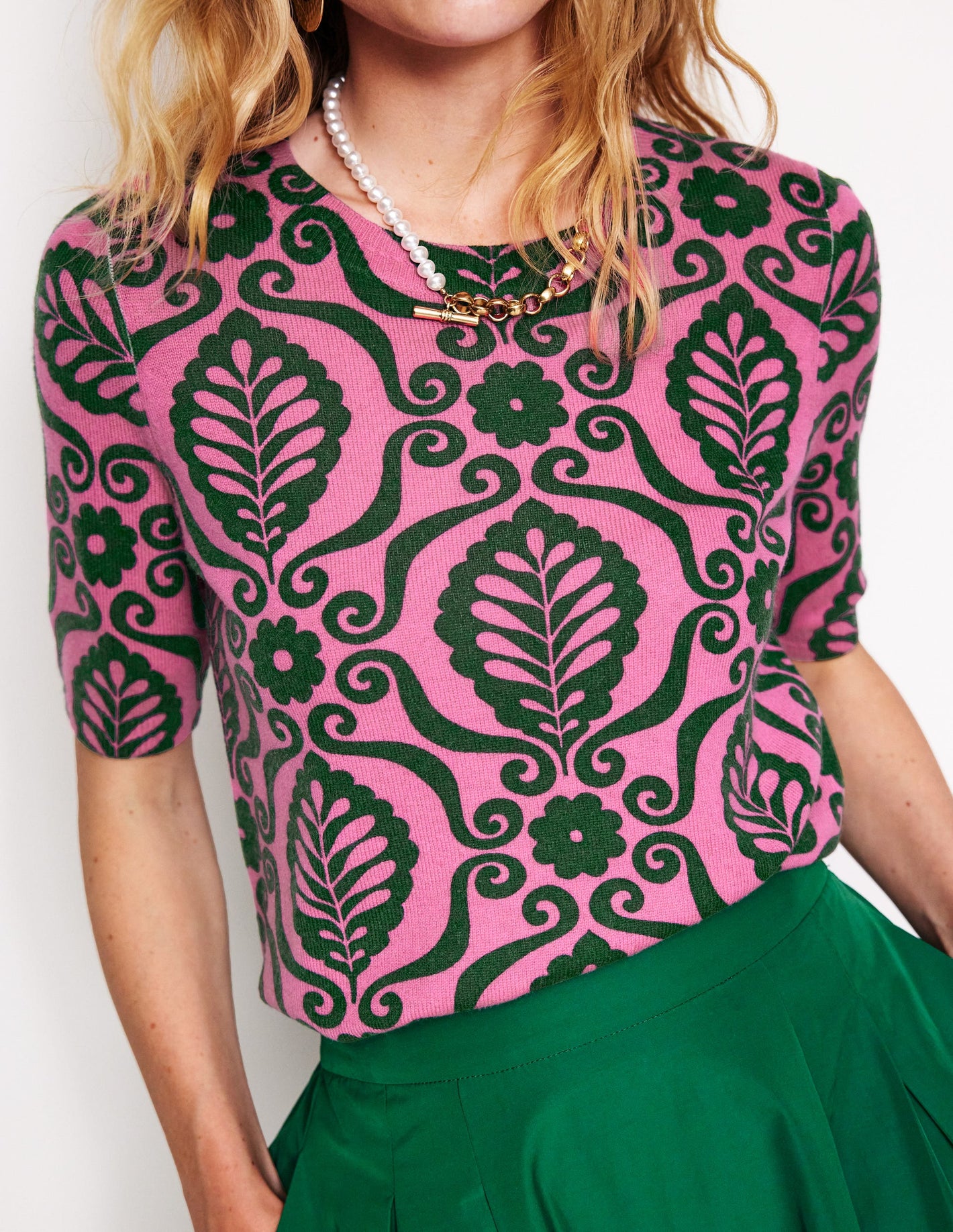 Eva Cashmere T-Shirt-Party Pink, Foliage Stamp