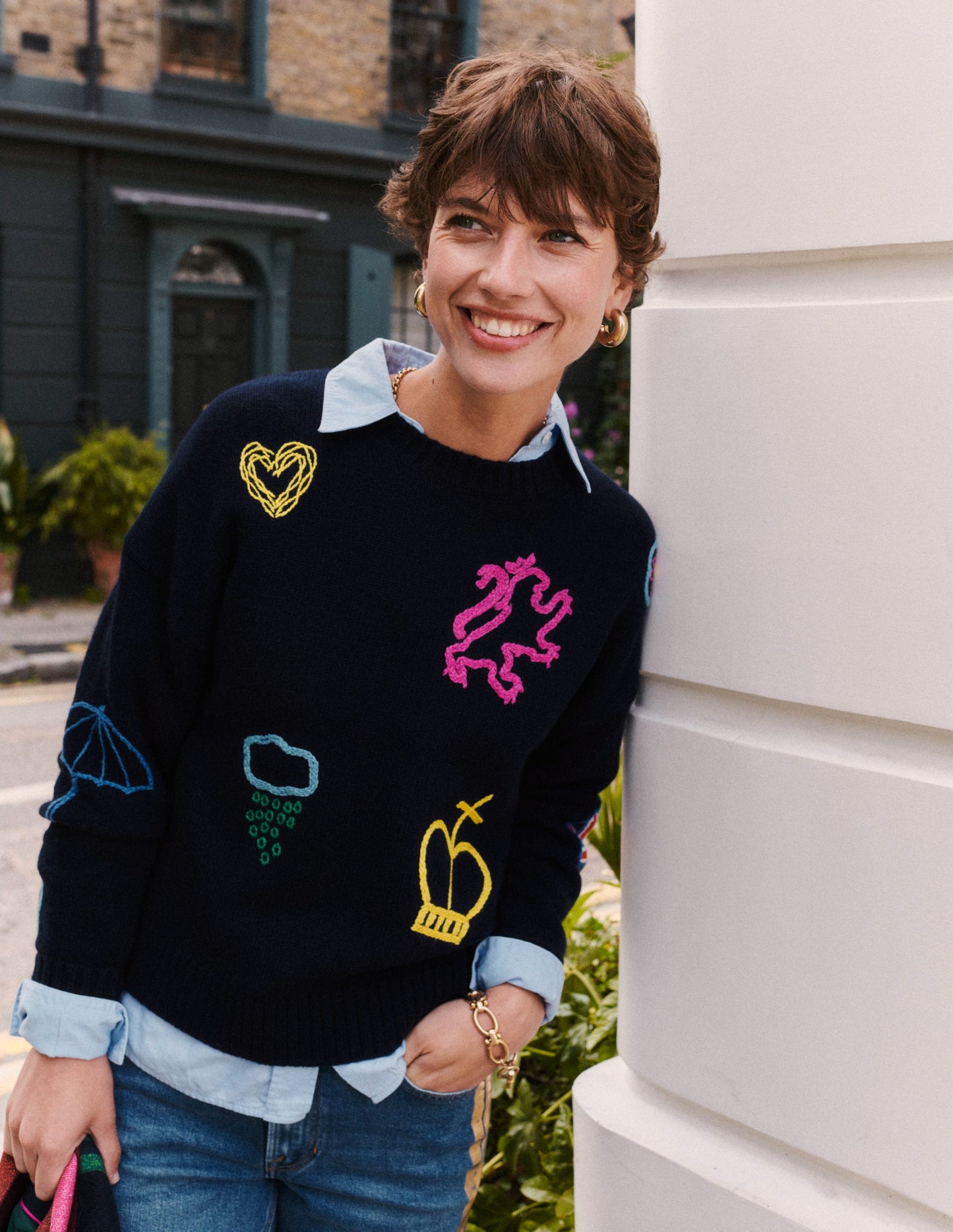 Novelty Embroidered Sweater-Navy, British Icons