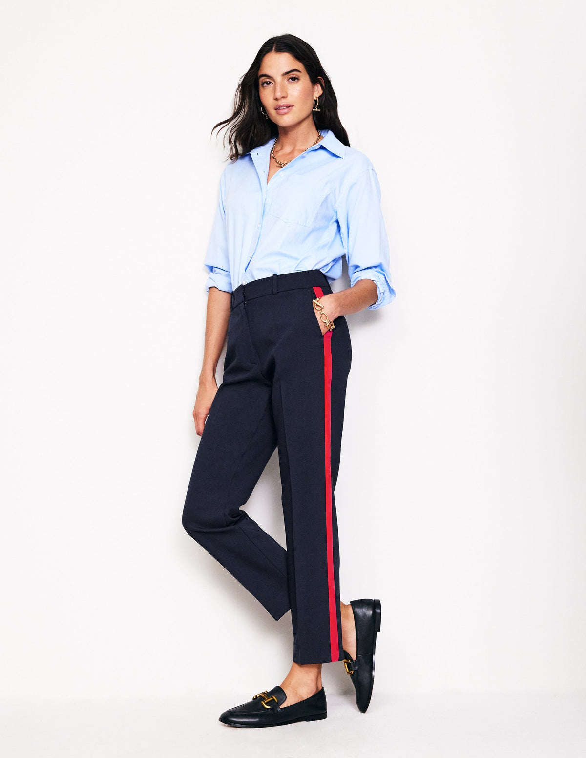 Kew Side Stripe Pants-Navy, Red Stripe - Image 1