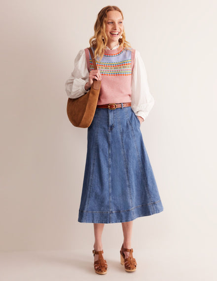 Panelled Full Denim Skirt-Mid Vintage