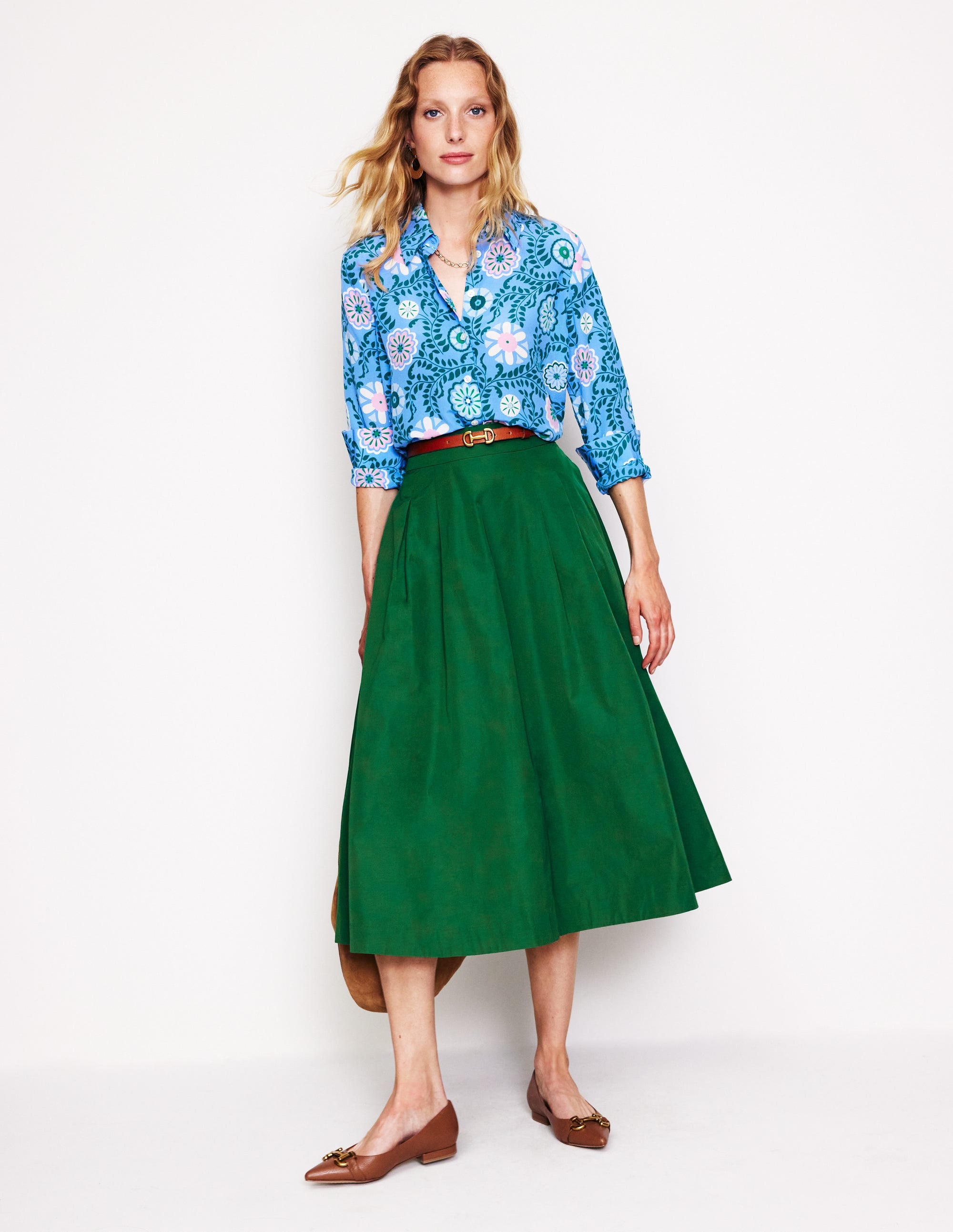 Isabella Taffeta Midi Skirt-Pine - Image 1