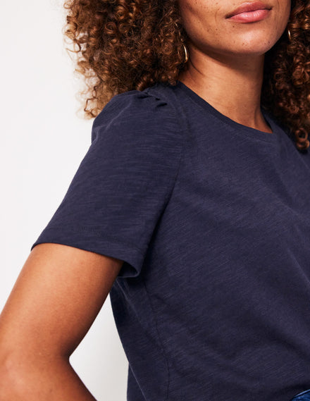 Cotton Puff Sleeve T-Shirt-Navy