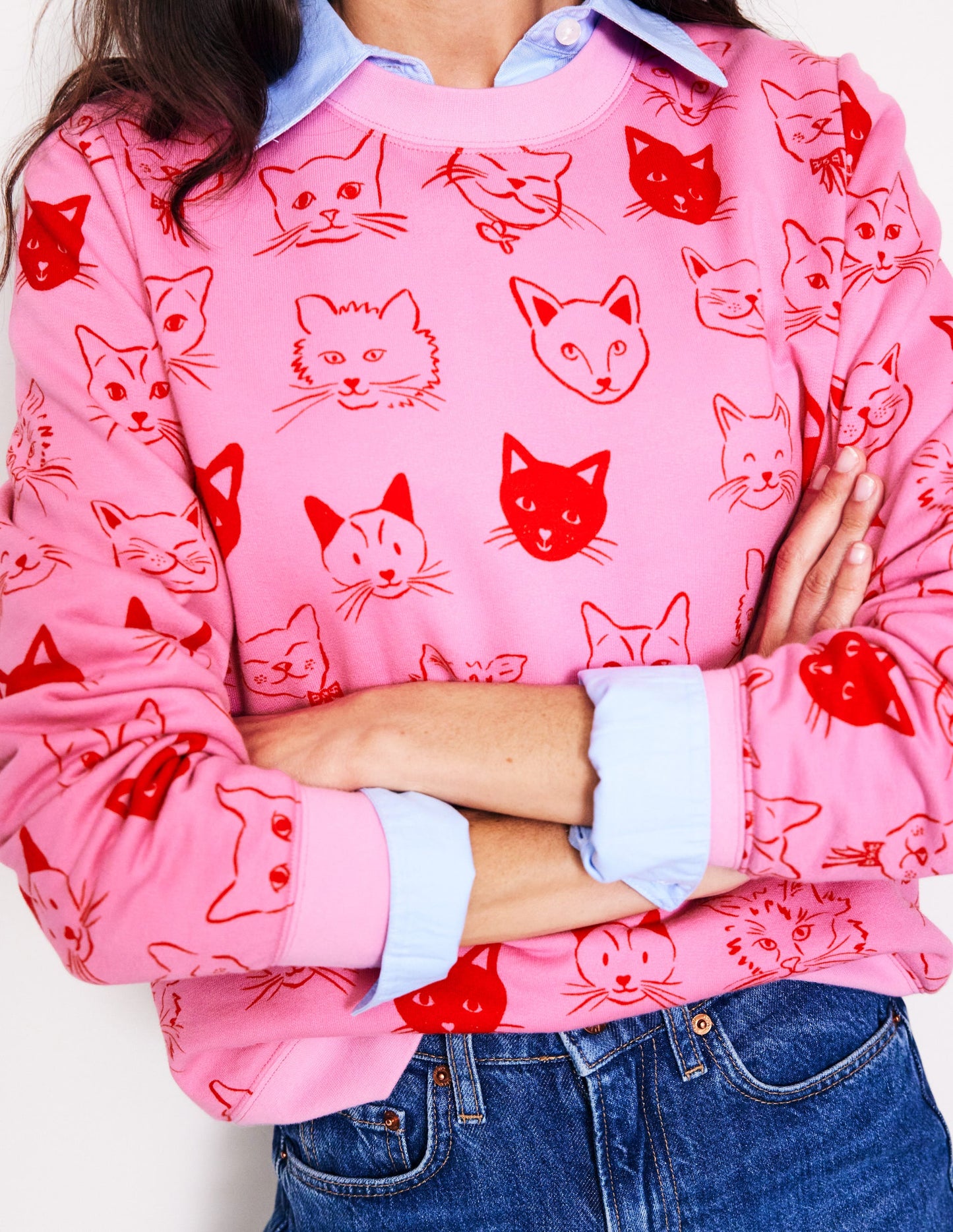 Hannah Printed Sweatshirt-Strawberry Sherbert, Cats