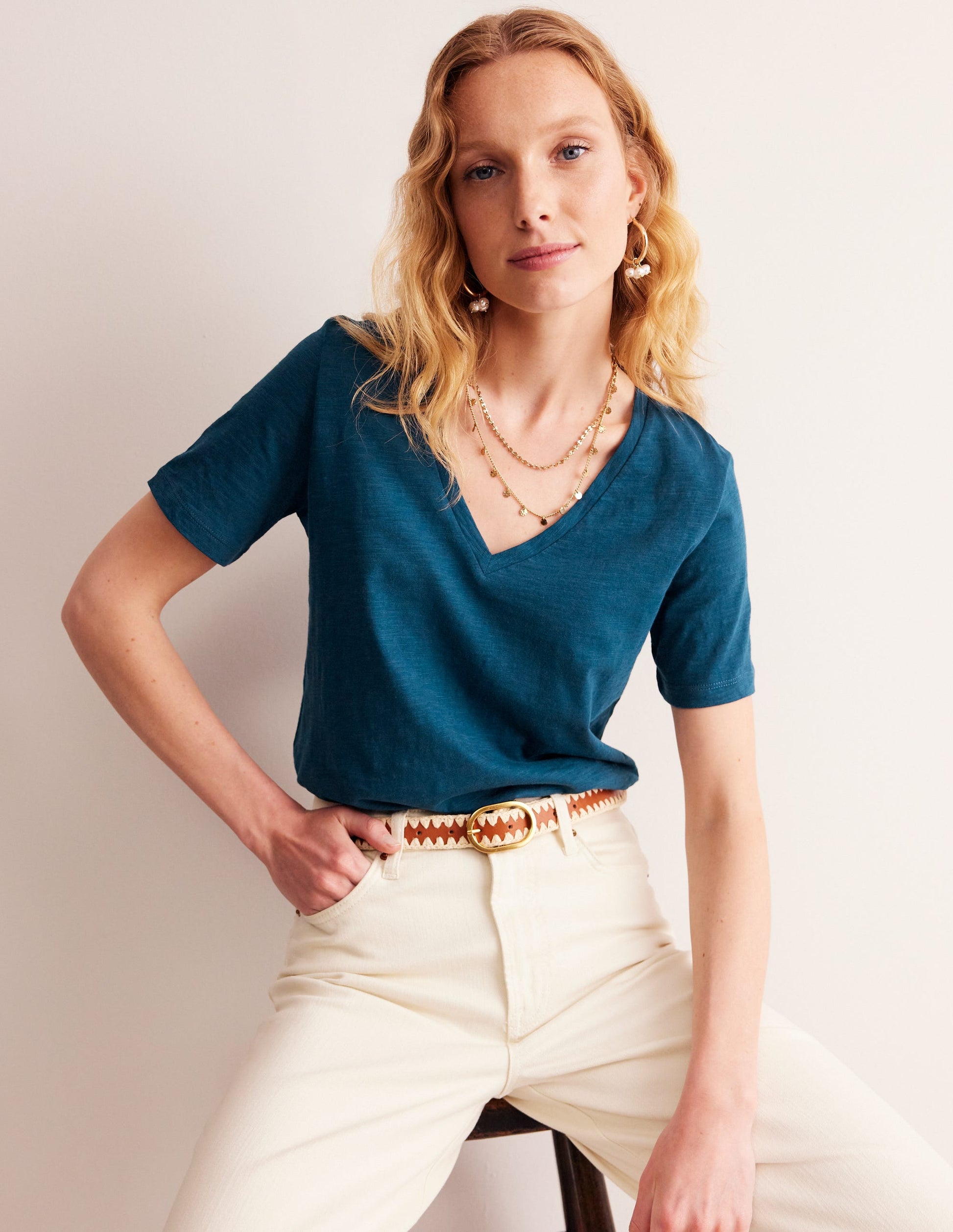 Regular V-Neck Slub T-shirt-Harbour Blue-1