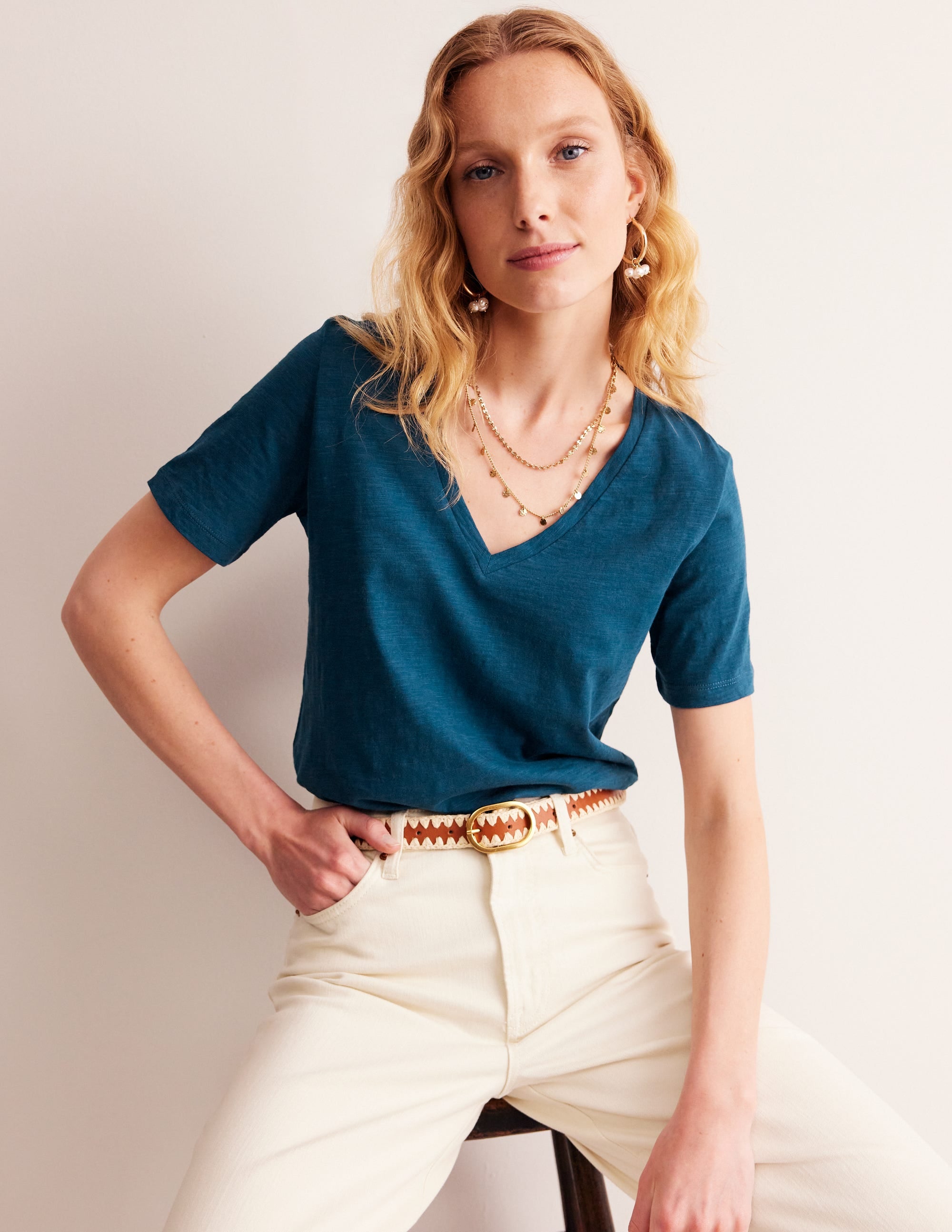 Regular V-Neck Slub T-shirt-Harbour Blue - Image 1