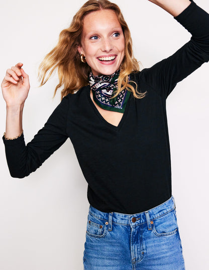 Cotton V-Neck Long Sleeve Top-Black-1