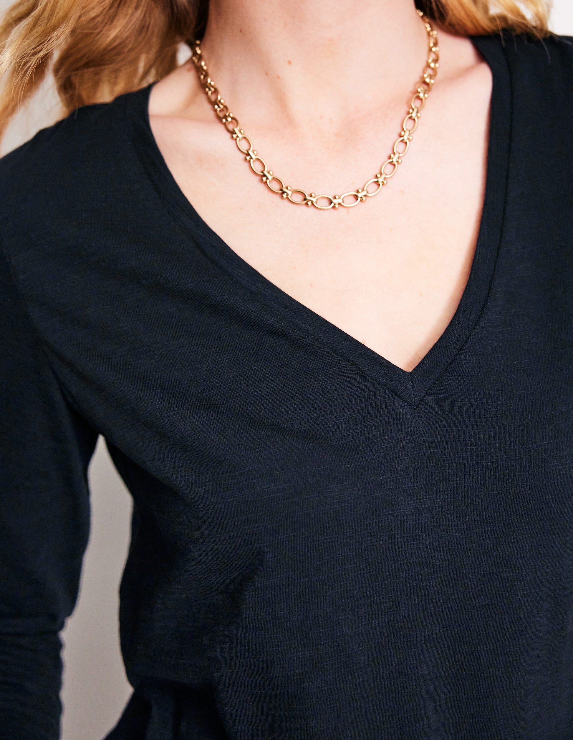 Cotton V-Neck Long Sleeve Top-Black-2