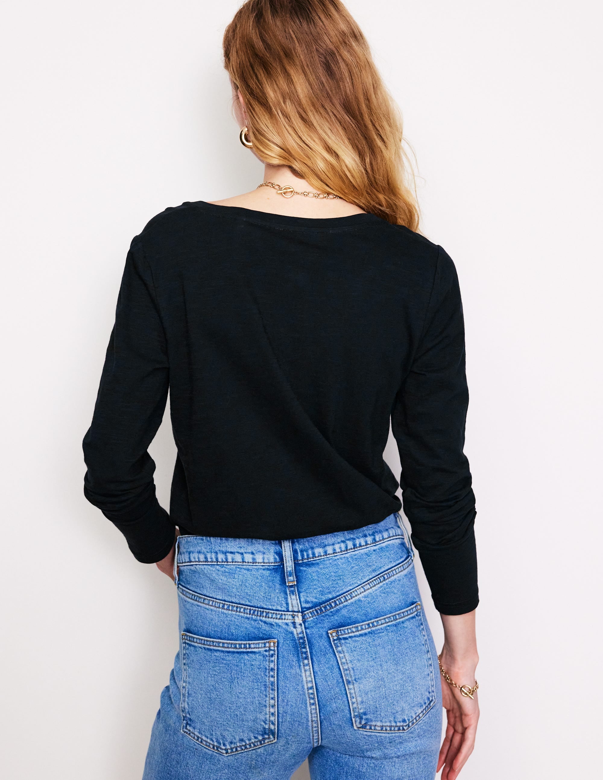 Cotton V-Neck Long Sleeve Top-Black - Image 3