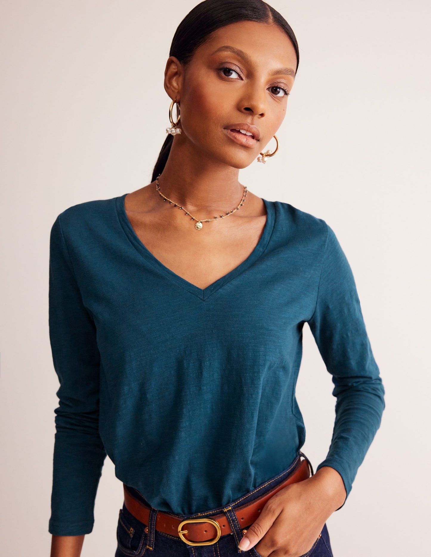 Cotton V-Neck Long Sleeve Top-Harbour Blue