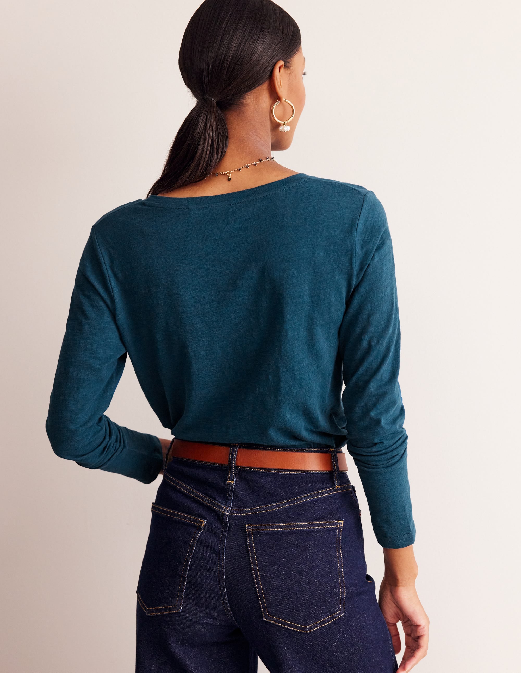 Cotton V-Neck Long Sleeve Top-Harbour Blue - Image 3
