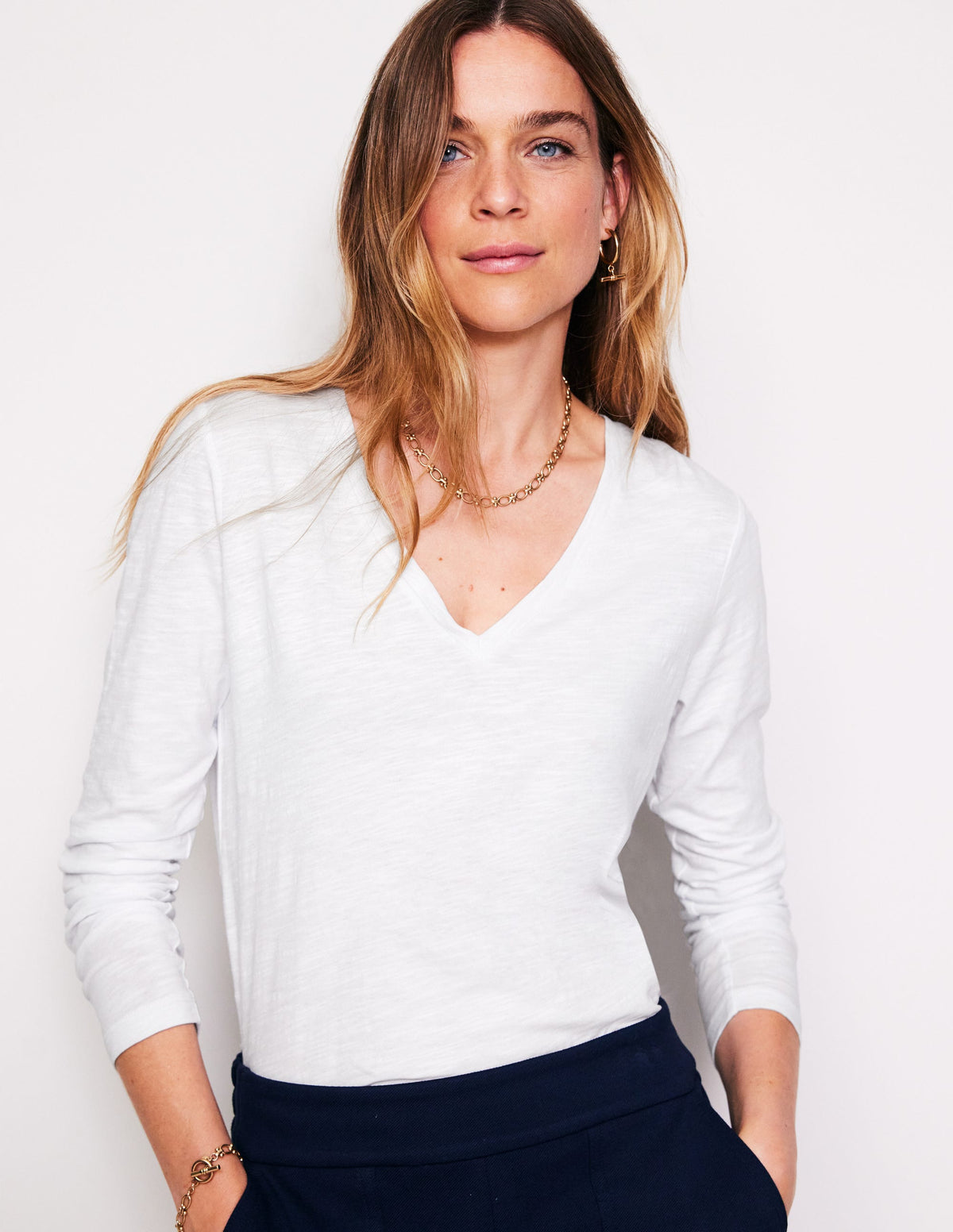 Cotton V-Neck Long Sleeve Top-White - Image 1