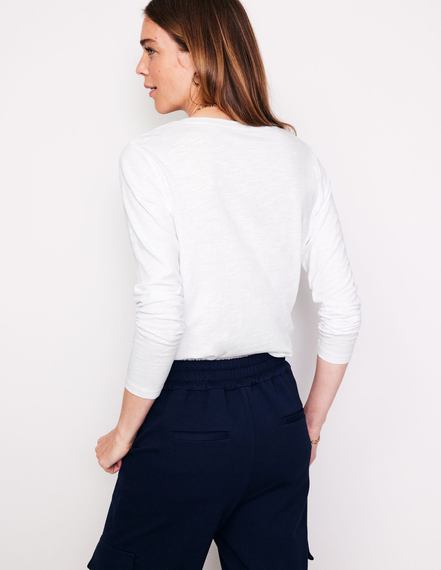 Cotton V-Neck Long Sleeve Top-White