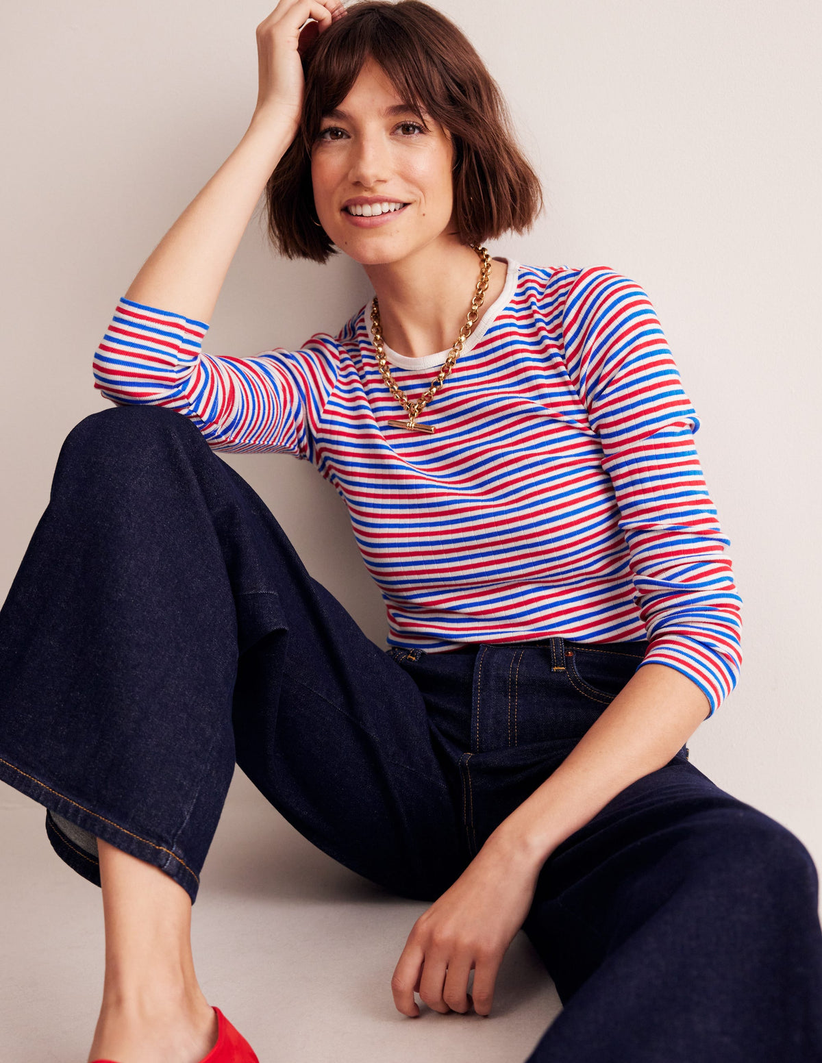 Anna Rib Long Sleeve T-Shirt-Red and Directoire Blue - Image 1