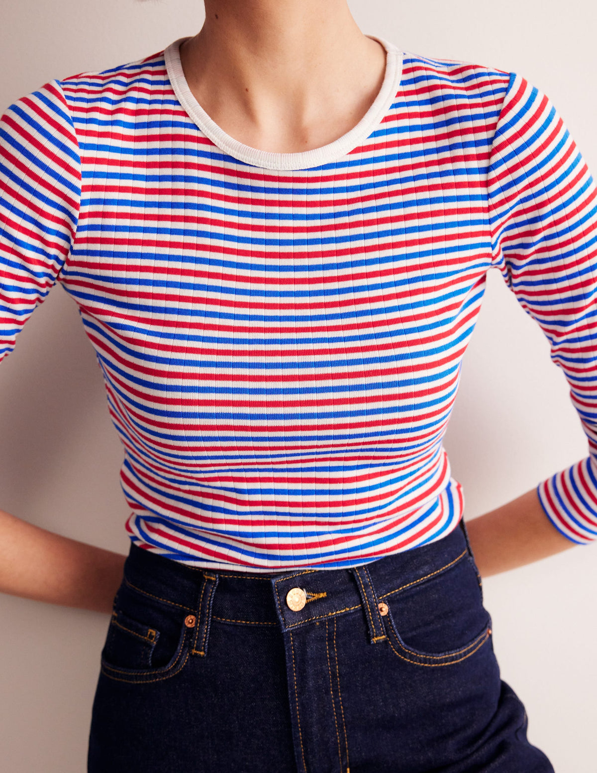 Anna Rib Long Sleeve T-Shirt-Red and Directoire Blue-2