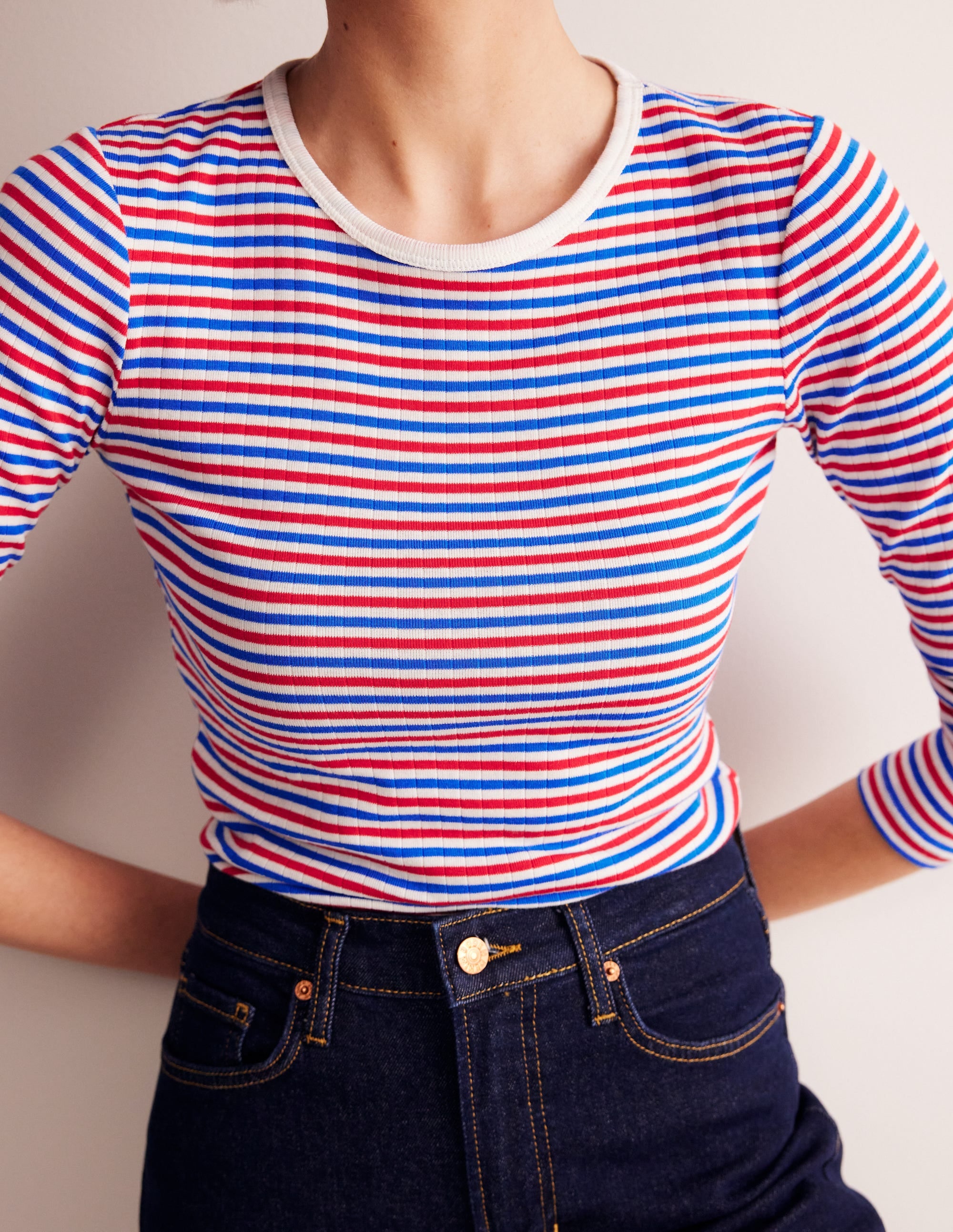 Anna Rib Long Sleeve T-Shirt-Red and Directoire Blue - Image 2