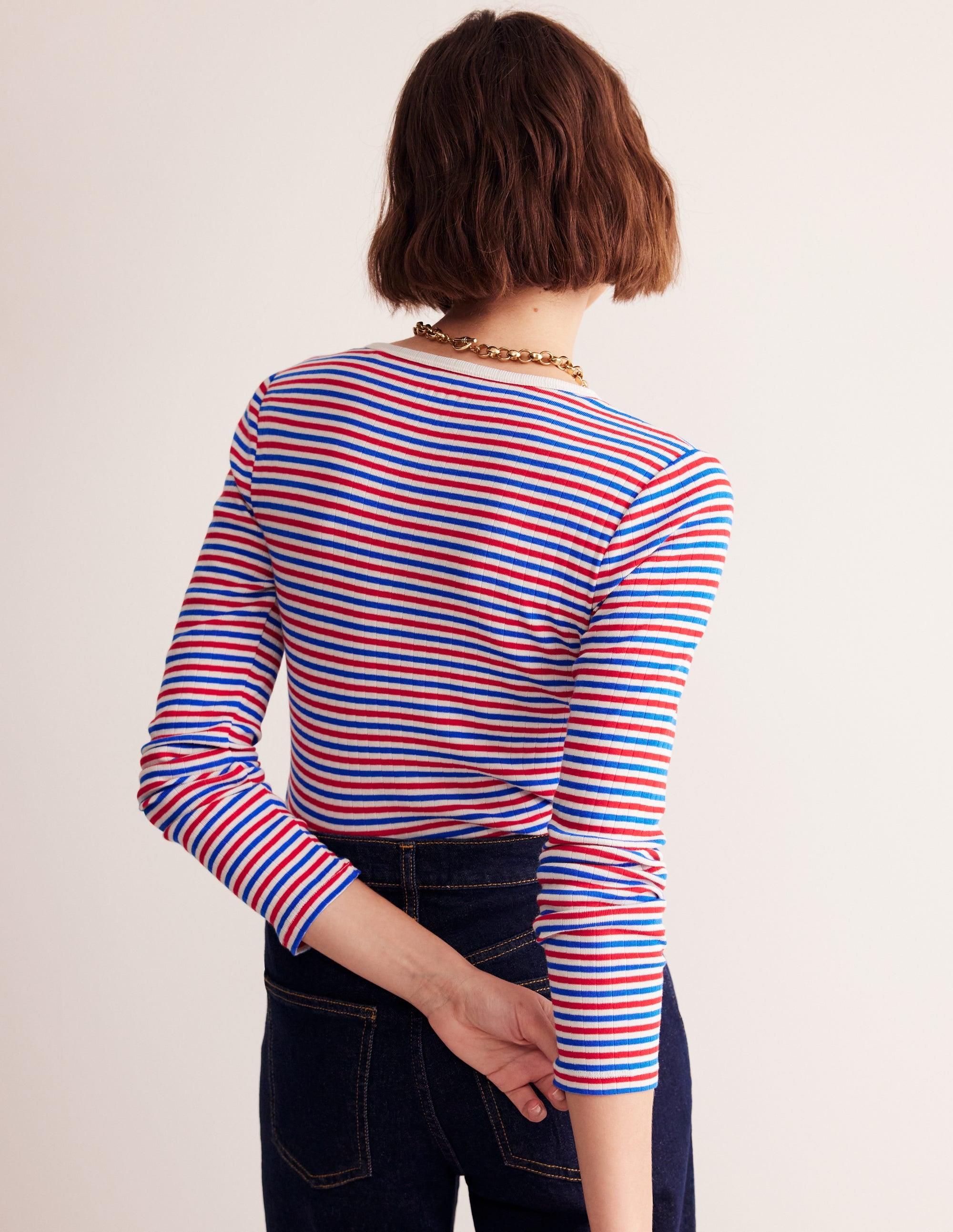 Anna Rib Long Sleeve T-Shirt-Red and Directoire Blue - Image 3