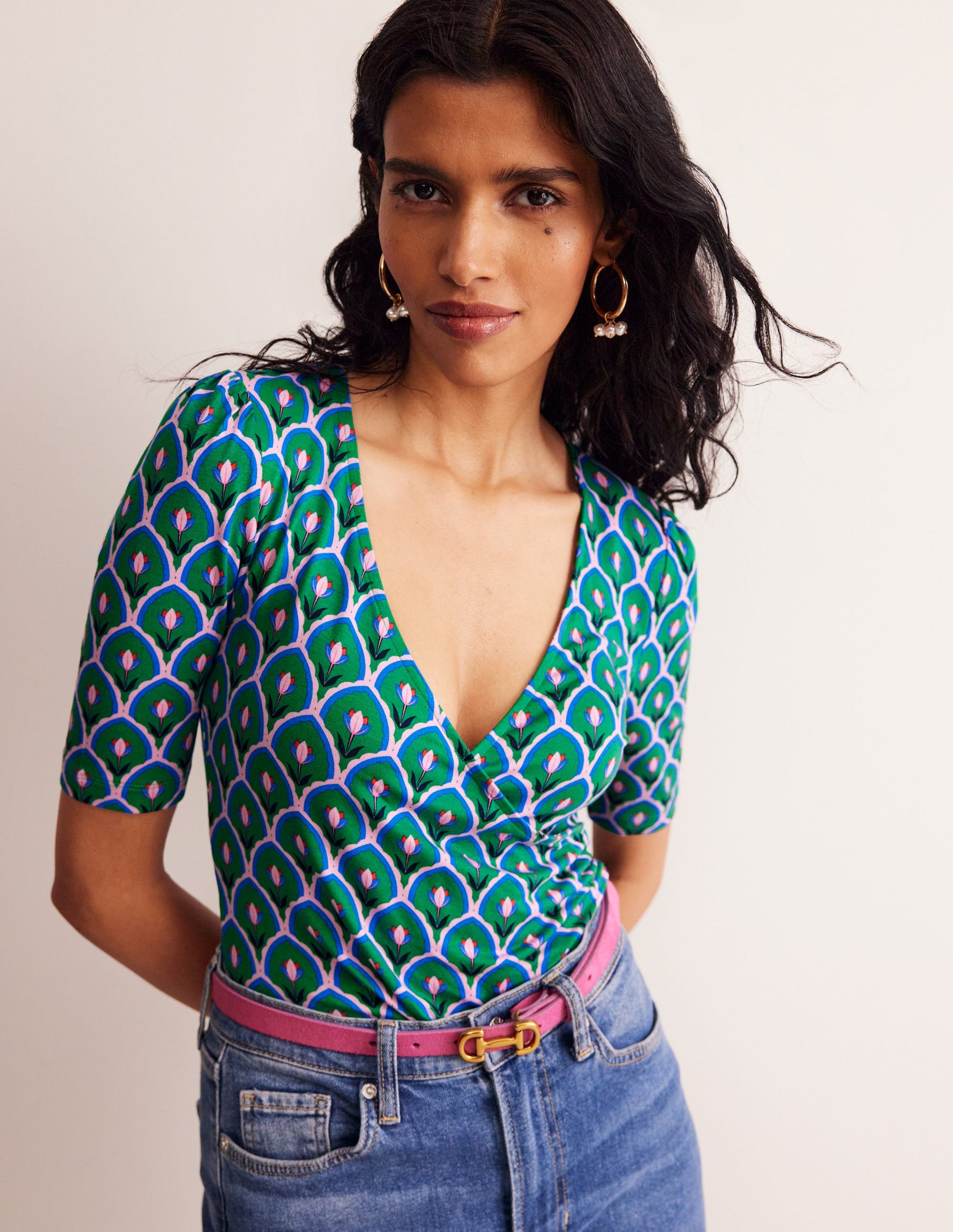 Wrap Front Jersey Top-Rich Emerald, Tulip-1