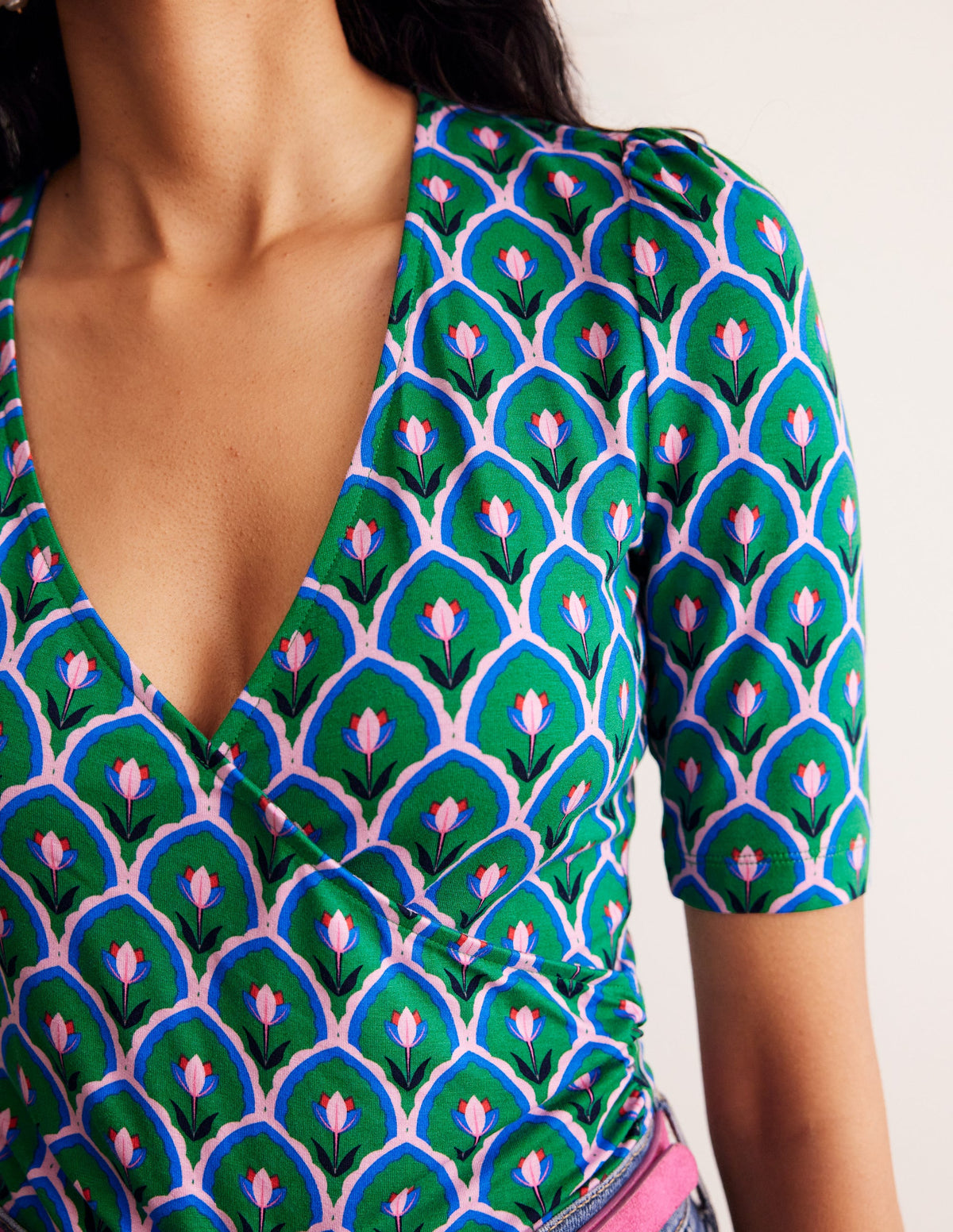 Wrap Front Jersey Top-Rich Emerald, Tulip - Image 2