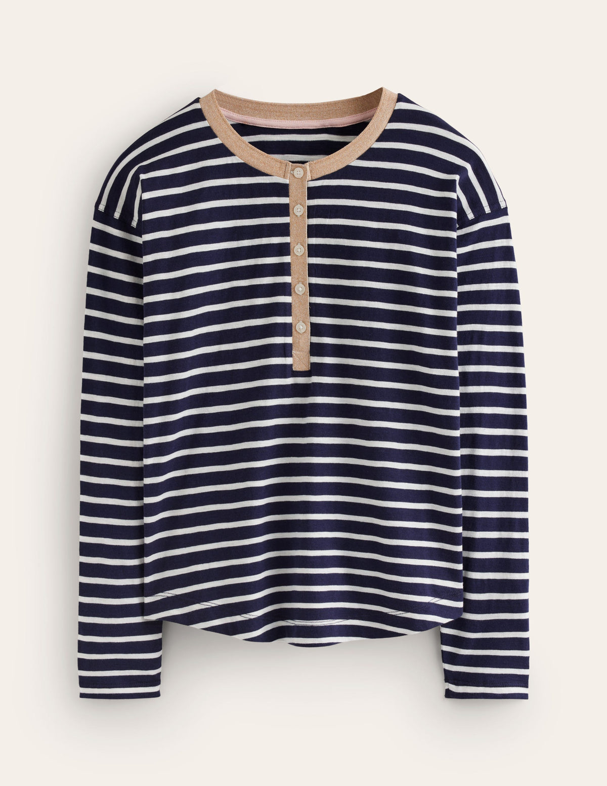 Metallic Trim Henley Top-Navy, Ivory Stripe-5