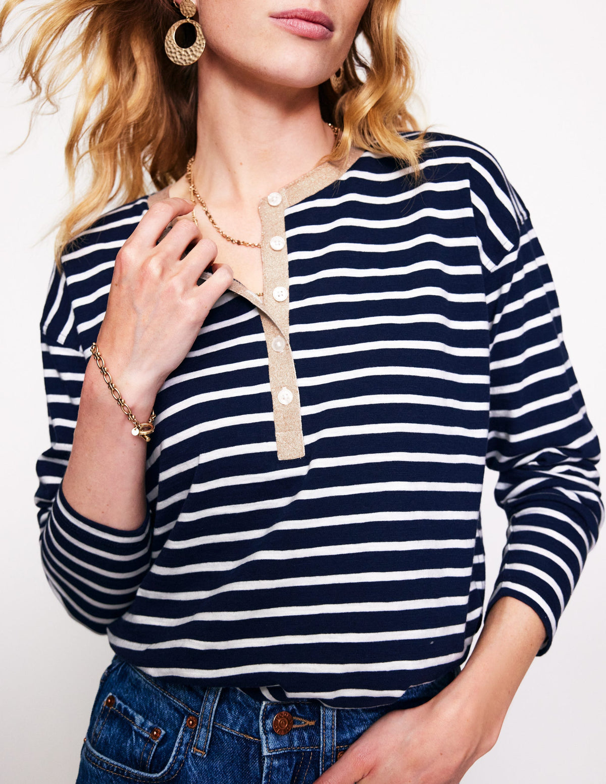 Metallic Trim Henley Top-Navy, Ivory Stripe - Image 2